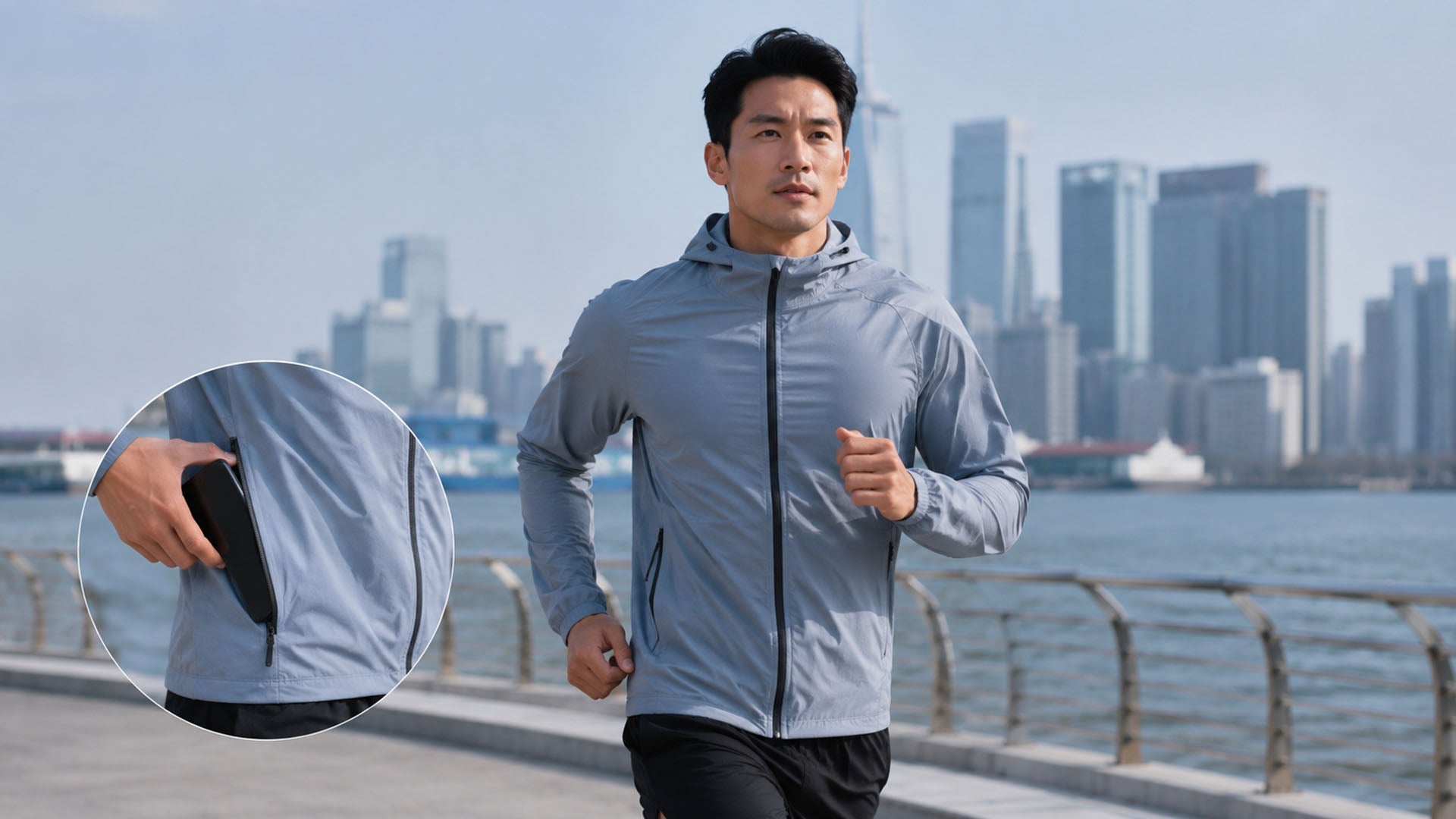 Running Jacket with Pockets: Phone, Zip & Back Pocket Layout