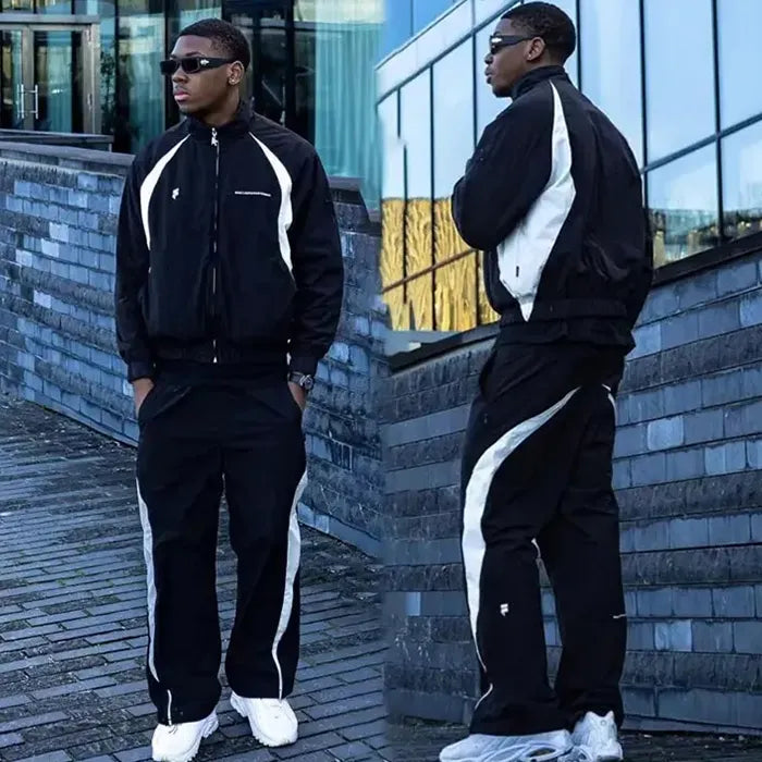 Diguan Men Two-Piece Polyester Jogger Tracksuit-Set Patchwork Zip-Up Jacket & Track Pants