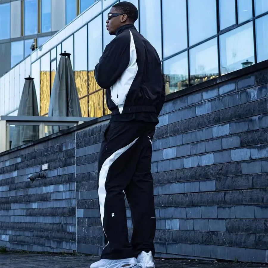 Diguan Men Two-Piece Polyester Jogger Tracksuit-Set Patchwork Zip-Up Jacket & Track Pants