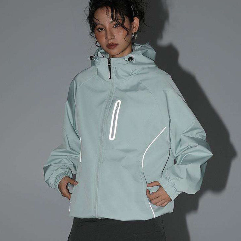 Custom Womens Reflective Running Jacket with Curved Trim and Zip Chest Pocket