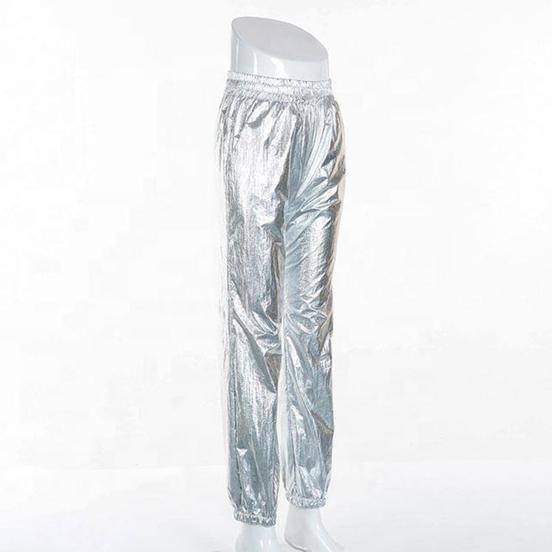 Custom Women's Baggy Metallic Track Pants – Silver OEM Running Bottoms
