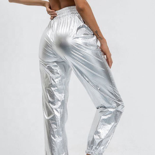 Custom Women's Baggy Metallic Track Pants – Silver OEM Running Bottoms