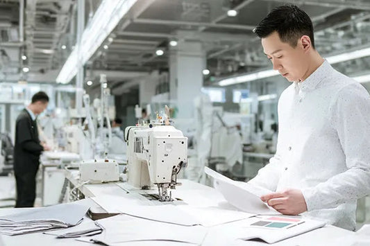 Technician performing apparel quality inspection at Diguan factory.